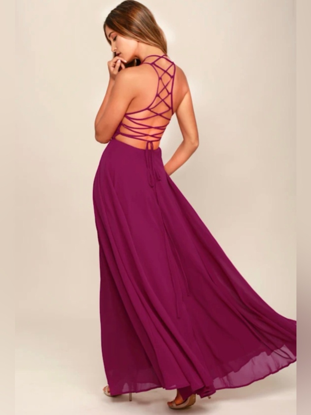 NWT Romantic Strappy To Be Here Magenta Lace-Up Maxi Dress - small
